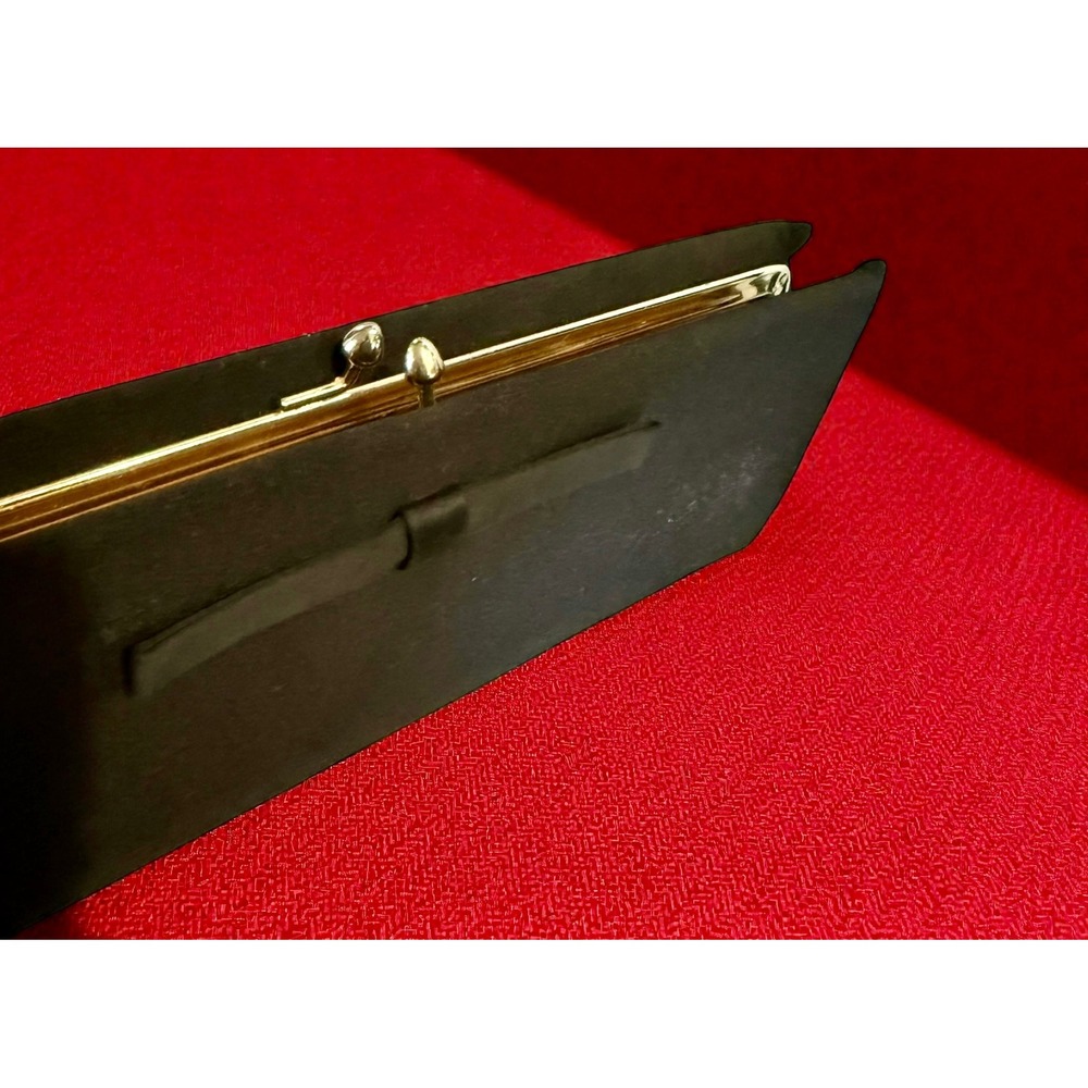 Harry Levine (HL) Black Satin Envelope Clutch Bag with Bow Detail and Gold Frame - Picture 2 of 7